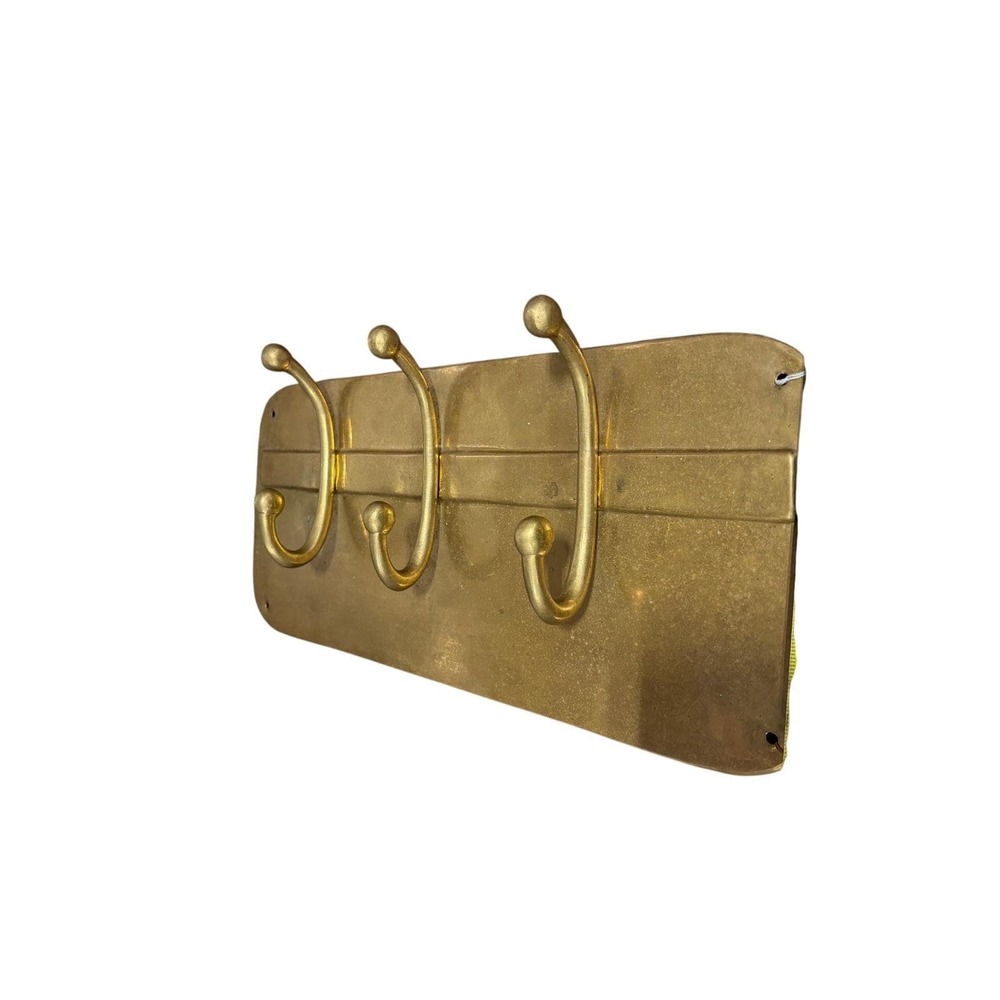 Vintage Solid Brass Wall Mount Coat Rack 3 Double Hooks Mid Century Modern 13.5"
